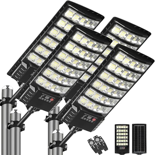 4-Pack Solar Street Lights, Outdoor Flood Light with 2 Motion Sensor Modes, Dusk to Dawn, IP66 Waterproof, Solar Powered Parking Lot Light with Remote Control, 6500k Dimmable Security Lamp