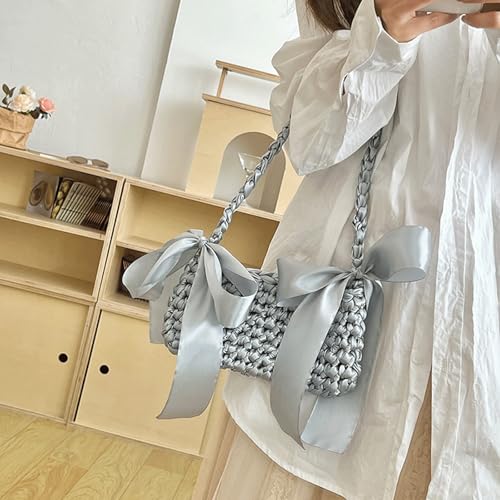 Bow Purse Woven Bow Shoulder Bag with Ribbon Bowknot Cute Medium Satin Handbag Trendy Gift Women Daily Travel2