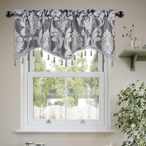Cenefas festoneadas estilo jacquard gris premium con sofisticadas borlas para salón 8