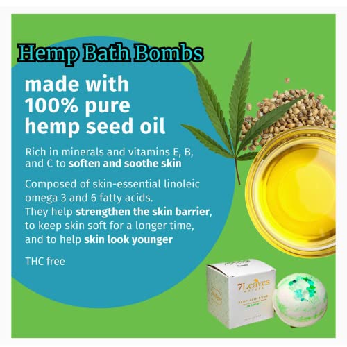 7Leaves Nature Hemp Bath Bomb, Jasmine. All-Natural , Large 6Oz. Fizzies, Skin Moisturizer #TOP3