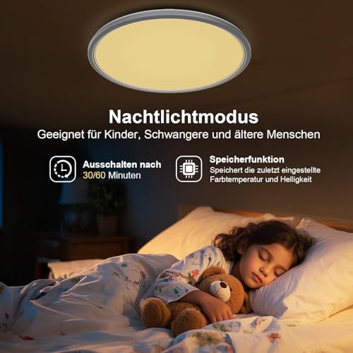 Swoieltr Deckenlampe LED Ultradünne Deckenleuchte mit Fernbedienung Dimmbar (3000K-6500K), 24W 2800LM, IP44 | Ø30cm (2,4cm) | Küchenlampe… – Ansicht 3