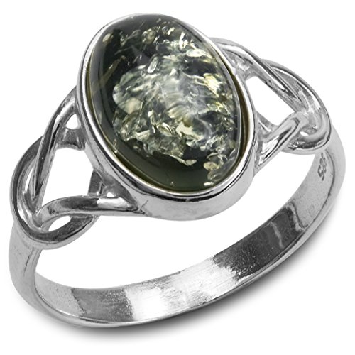 Green Amber Sterling Silver Oval Celtic Ring