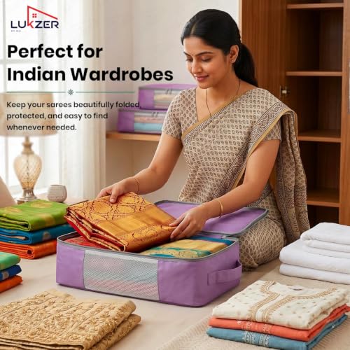 Image of Lukzer Nylon Clothes Storage Box /Saree Cover /Bags with Zip & Mesh Window Foldable Clothes Storage Organizer for Wardrobe /Lehenga /Dress /Shirts /Quilts /Sarees | (45 x 33 x 14.5 cm) Lavender - Pack of 6