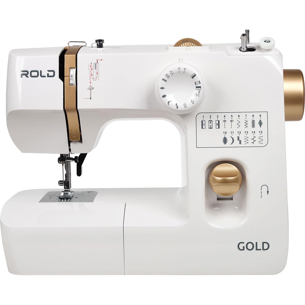 ROLD Gold kompakte elektromechanische Nähmaschine für Einsteiger mit 15 Programmen, starkem Motor und LED-Beleuchtung