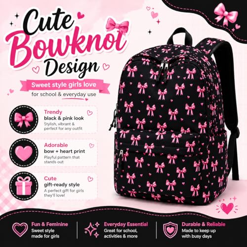Image of LOIDOU Backpack for Girls School Backpacks Bookbags for Elementary Middle School Women Laptop Backpacks (Bow Tie Black, L-17)