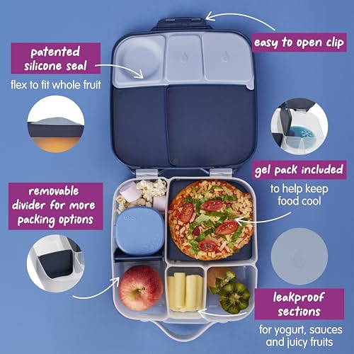 Image of b.box Lunch Box for Big Eaters All Ages - 8.5 Cup Leak Proof Bento Box with 4 Compartments, School Lunch Container with Ice Pack, Dishwasher Safe, BPA-Free, PFAS-Free - Midnight