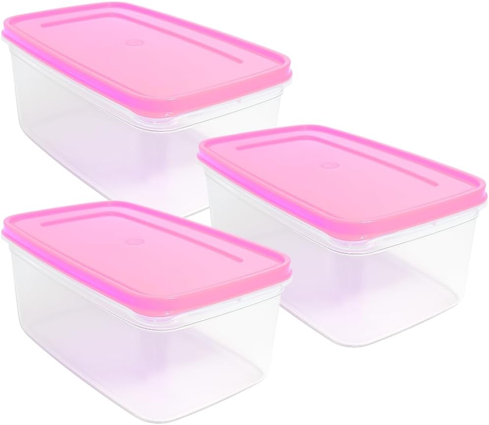 MPC Transparent Multipurpose Food Grade Plastic Storage Container 4.0 Ltr|Airtight Lid|Stackable Organiser for Fridge,Bread,Vegetable,Kitchen,Office,Medicine Box,Stationery|Set Of 3 | PINK