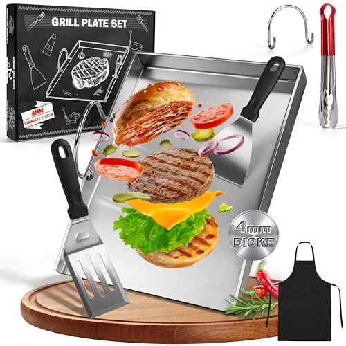 JONRRYIN Plancha Plaque de cuisson 40 x 30 cm, Plancha en Acier Inoxydable épais avec 2 Spatules pour Barbecue, Poignée Amovible, Convient pour Barbecue à...
