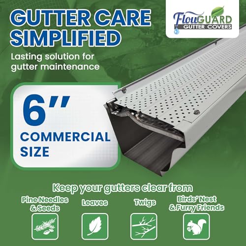 FlowGuard USA Made Professional DIY 6 Inch 50-Year Gutter Cover System - White - Aluminum Gutter Guards - 102 Feet - by FlexxPoint
