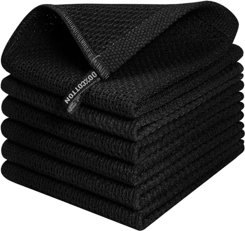 Image of 100% Cotton Kitchen Dish Cloths, 6 Pack Waffle Weave Ultra Soft Absorbent Dish Towels for Drying Dishes Quick Drying Kitchen Towels Dish Rags, 13.4 X 13.4 Inches (Black, Pack of 6)