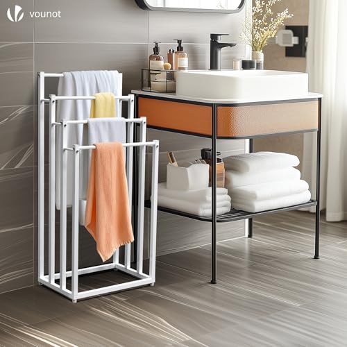 VOUNOT® Handtuchhalter Stehend, Metall Handtuchständer mit 4 Stangen, Freistehend Badetuchhalter für Badezimmer, Stabil und Platzsparend, Weiß