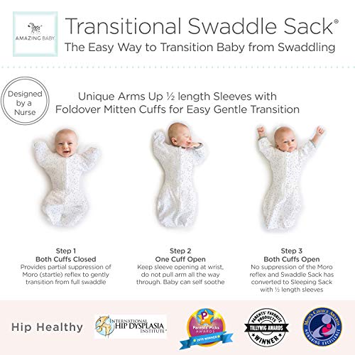 Amazing Baby Transitional Swaddle Sack with Arms Up Half-Length Sleeves and Mitten Cuffs, Tiny Elephants, Pink, Small, 0-3 Months (Parents’ Picks Award Winner, Easy Transition with Better Sleep)