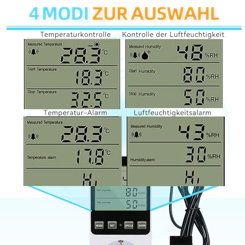 Feuchtigkeitsregler Temperaturregler Temperaturschalter 230V mit Fühler Steckdosenthermostat Schalter für Gewächshaus Terrarium Aquarium Treibhaussaatkeimung Heizung Kühlung(Neuste Modell)
