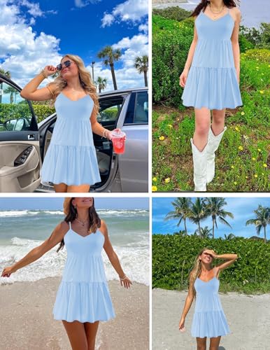 Image of Nova In Sky Womens Summer Mini Dresses Sleeveless Casual V-Neck Sundresses | Spaghetti Strap Casual Boho Mini Dress, Backless Ruffle A Line Mini Swing Skater Dress, Beach, Vacation, Concert, Graduation