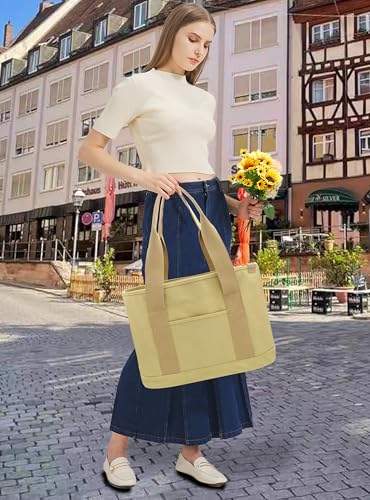 Image of TeeYee 16oz Canvas Tote Bag Casual Multi pockets Handbags Large Capacity Shopping Shoulder Bag with Pocket Bags Work Purses