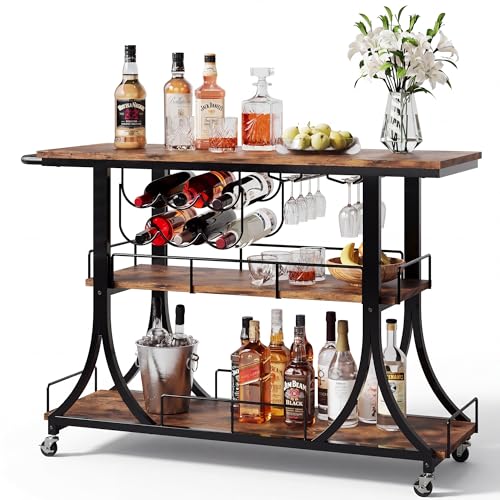PETKABOO 3-Tier Rustic Wooden Bar Cart with Wheels