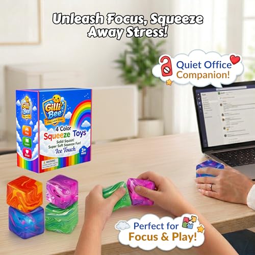 Gilli Bee 4-Color Squishy Stress Cube | Ice Cube Fidget Toy for Stress Relief & Anxiety | Slow Rise Stress Ball for Kids Adults | Durable TPR High Density Gel Filled Sensory Toy (1.97in Marble Cubes) - Image 4