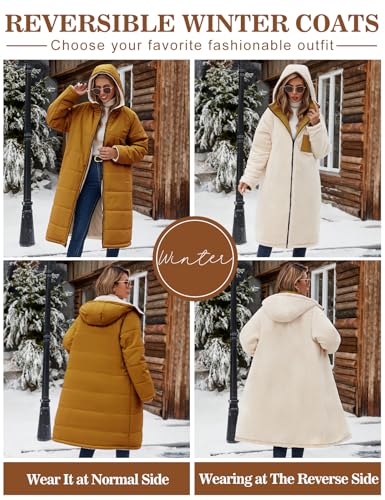 Tuopuda Damen Wintermäntel Lang Winterjacke Warm Winter Fleece Gefüttert Sweatjacke Jacke Mantel Parka Jacket mit Kapuze Teddyfleece Steppjacke Übergangsjacke Winterparka Steppmantel(Rötlich-gelb,XL)