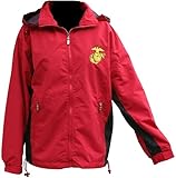 eMarine PX Men's USMC Military Reversible Jacket, Fleece to Windbreaker, Red and Black, Detachable Hood. Size Medium