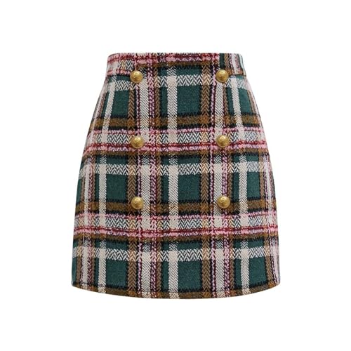 CHICWISH Women Wool Plaid Mini Skirt High Waisted Pencil Skirts Short Tight Bodycon Skirt with Golden Buttons