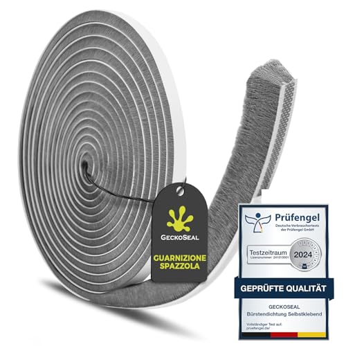 GeckoSeal 6 m Guarnizione Spazzola, 9 mm (L) x 15 mm (S) Guarnizione a Spazzola Autoadesiva, Antipolvere, Antivento, Riduzione del Rumore, Paraspifferi Spazzola Per Porte, Finestre, Armadi - Grigio