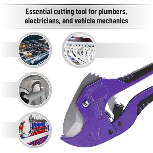 Bates- PVC Pipe Cutter, Cuts up to 1-5/8\", Purple Ratcheting PVC Pipe Cutter Tool, Pipe Cutters PVC Pipe Shears, Plastic Pipe Cutter, PEX Pipe Cutter, PVC Cutter Tool, PVC Ratchet Cutter