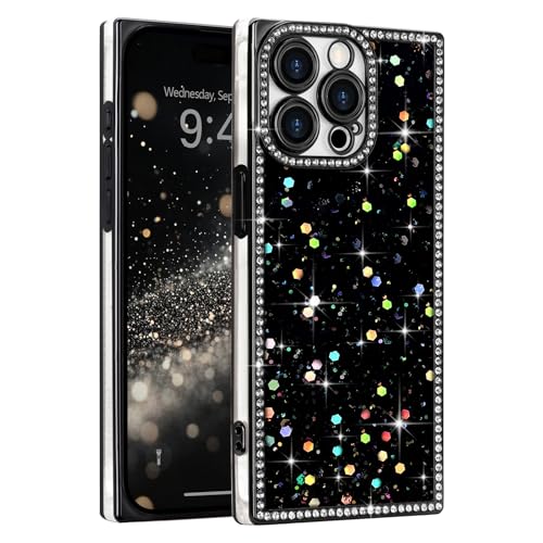 LAPOPNUT for iPhone 13 Pro Case,Cute Bling Sequin Glitter Sparkly Rhinestones Rectangle Edge Phone Case for Girls Women,Crystal Diamond Full Camera Protective Shockproof TPU Bumper Cover,Black - image 1