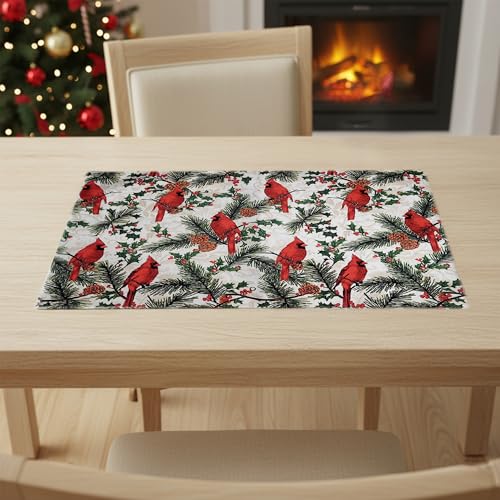 Image of Dining Table Mats Set of 4 - Bird Red Green Christmas Theme,Digital Print, Washable, Indoor /Outdoor, Heat-Proof, Wipe & Clean (47X33 cm) Red & Green