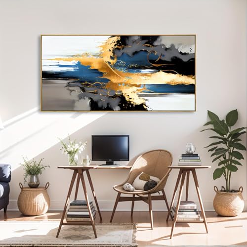 Tableau abstrait noir jaune bleu grand format 60x130cm encadré