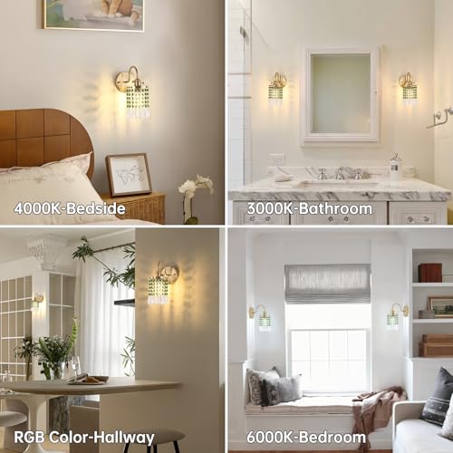 Image of Shenmoyl Set of 2 Crystal Battery Operated Wall Sconce, Rechargeable Battery Powered Wall Lamp with Remote Control, Modern Dimmable Wall Lights for Bedroom Bathroom(Green, Gold Base)