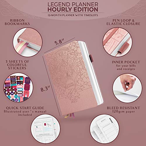 Legend Planner Hourly Schedule Edition – Deluxe Weekly & Daily Organizer With Time Slots. Time Management Appointment Book Journal For Work & Personal Life, Undated, A5 Size Hardcover – Rose Gold, Debossed #TOP1