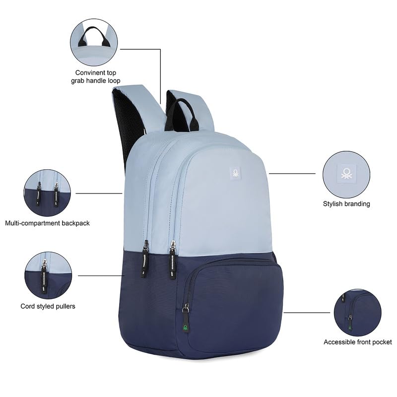Image of UNITED COLORS OF BENETTON Laptop 2 Compartment Backpack for Unisex, Light Blue+Navy, One-Size, Pyro, 21 Litre