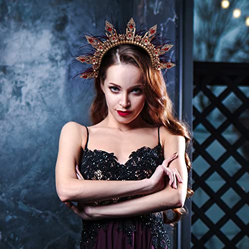 COSUCOS Greek Goddess Halo Crown - Princess Red Feather Headpiece Sunburst Spiked Zip Tie Headband Renfaire Queen Headwear for Woman Wedding Cosplay Costume Halloween Carnival Shows