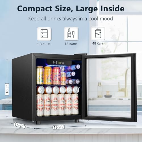 Image of Antarctic Star 48 Can Mini Fridge Cooler - Beverage Refrigerator Black Glass Door for Beer Soda or Wine, Small Drink Dispenser Machine Electronic Temperature Control for Home, Office or Bar, 1.3cu.ft.