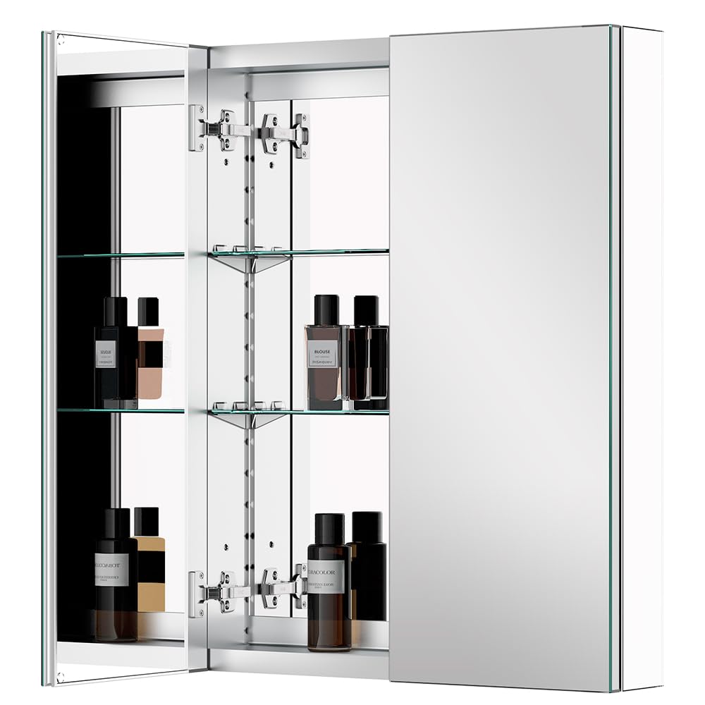 QuaviKey Aluminum Medicine Cabinet with 2 Doors Recessed or Surface Mount Bathroom Mirror Cabinets 24x30 Inch, Silver