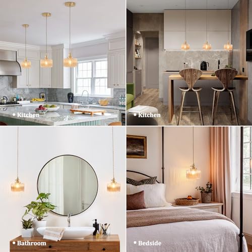 Image of Shenmoyl Pendant Light with Amber Striped Glass Lmapshade, Brass Vintage Pendant Light Adjustable Hanging Light for Kitchen Island Dining Room Hallway