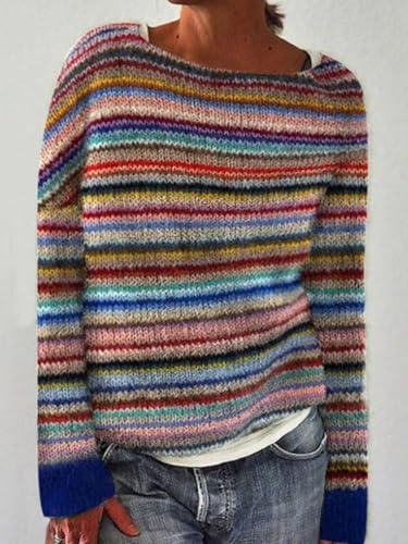 Women's Fair Isle Knitted Sweater Vintage Long Sleeve Boat Neck Retro Lightweight Pullover Top for Fall Winter2