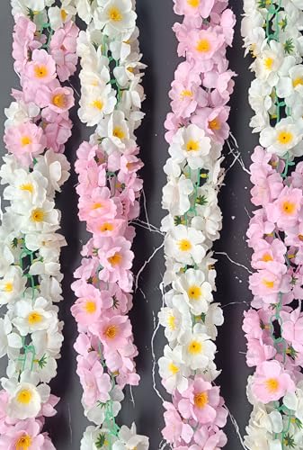 Image of VRB Dec 1 Pcs Artificial Flowers Vine Blossom /Roses Garland Fake (6 feet) Flowers Fabric Roses /Blossom Garland for Wedding Decor Diwali /Ganpati /Garden Wall Valentine (White & Pink Combo Blossom)