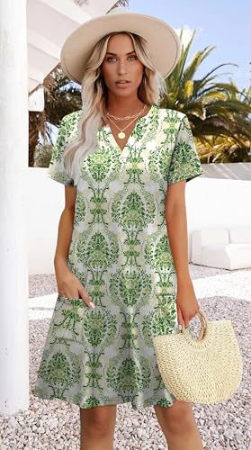 Image of WIHOLL Summer Dresses for Women Casual V Neck Wedding Guest Dress Hawaiian Midi Dress Fashion Beach Vacation Clothes