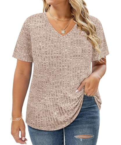 CARCOS Plus Size Tops for Women Short Sleeve Shirts Basic V Neck Summer Tshirts Casual Tunics XL-5XL