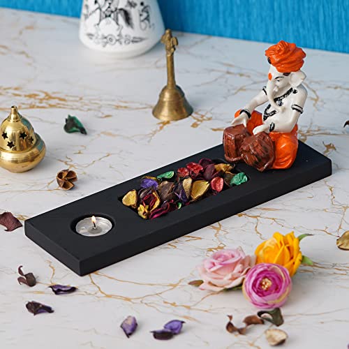 Image of eCraftIndia Orange White Resin Lord Ganesha Idol Playing Tabla Showpiece Potpourri Rectangle Tea Light Candle Holder| Ganpati Murti Tea Light Holder Diwali Decoration Items for Home Decor| Diwali Gift