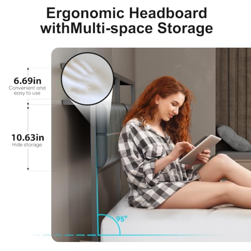 Image of J.Fkne Queen Bed Frame with LED Lights & Charging Station, Metal Platform Bed Frame with 2 Tier Storage Headboard, Under Bed Storage, No Box Spring Needed, Noise Free, Easy Assembly