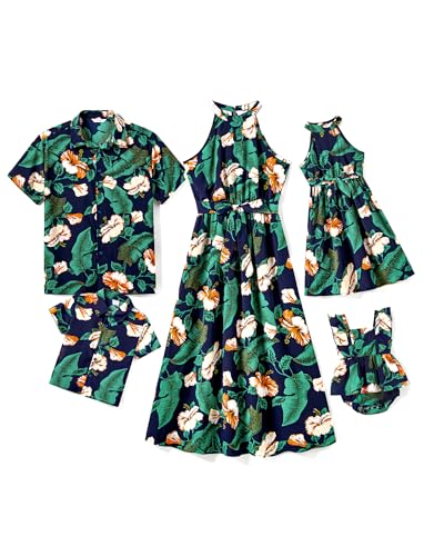 Image of PATPAT Family Hawaiian Matching Outfits - Mommy and Me Vacation Outfits | Halter Sundresses and Button Down Shirts,Caribbean Vacation Summer Tropical Outfits,Hawaiian Boho Tropical Floral Printed
