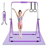 Gymnastikstange Kinder mit Verstellbaren Höhen, Faltbare Reckstange Reckanlage mit Gymnastikmatte, Stangenpolster, 2 Ringen, Turnreck Indoor Outdoor, Horizontale Training Bar Trainingsgeräte (Violett)