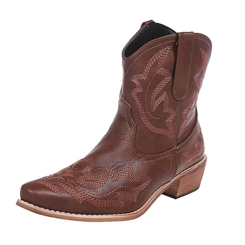 HINDOLA Western Cowboy Boots for Women Comfortable Cowgirl Ankle Boots Fashion Embroidered Knight Boots