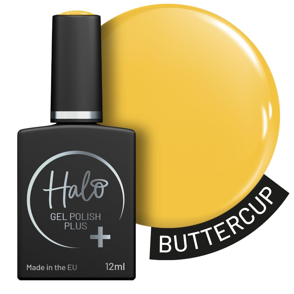 Halo Gel Polish Plus 12ml - Buttercup. UV/LED Gel Nail Polish, Long Lasting & Easy To Apply. Nail Art Colours For Manicure & Pedicure. Hema Free Gel Polish For Professional & Home Use.