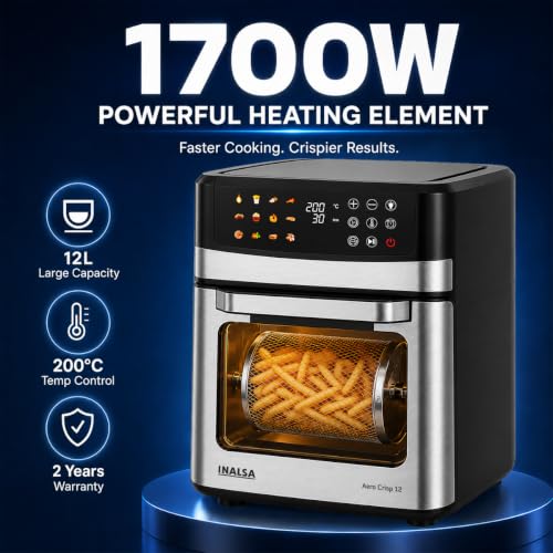 Image of INALSA Air Fryer Oven|12L,1700W|Stainless Steel Body|12-in-1 Functions,Fry,Bake,Grill,Dehydrate&Reheat|12 Preset|Rotisserie&Convection|Dishwasher Safe Accessories|2Yr Warranty,2025Model AeroCrisp 12