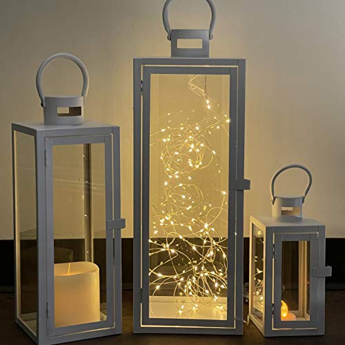 Image of Allgala 3-PC Lantern Set 23 Inch Jumbo Deluxe Modern Indoor /Outdoor Candle Lantern Set White Painted Ironl Frame Tempered Glass Rectangular for Garden Poolside Fireplace Wedding