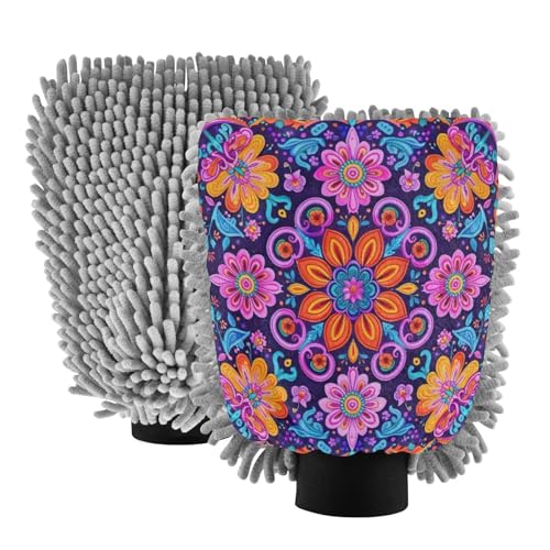 Kigai Beautiful Mexican Floral Patterns Car Wash Mitt Microfiber, 2Pcs Scratch Free Lint-Free, Premium Chenille Microfiber Mitt Car Wash Brush-L