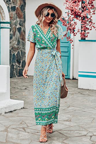 Image of PRETTYGARDEN Women Boho Summer Side Split Deep V Neck Short Sleeves Maxi Dress with Belt